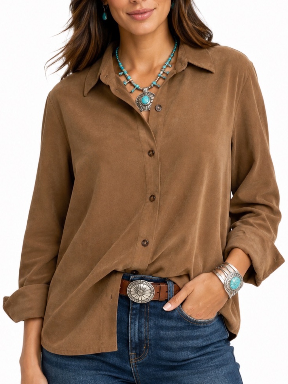 Vintage Talbots Stretch Faux Suede Shirt Jacket Shacket Brown Moleskin Western L